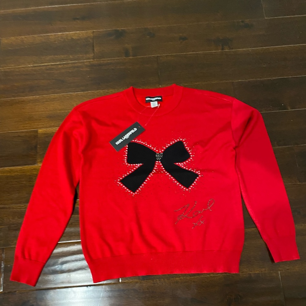 NWT Karl Lagerfeld Women's Red Sweater Pullover Bow Rhinestone Size XS